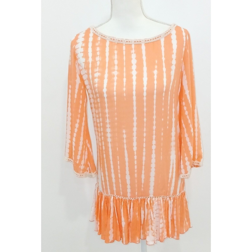 Saks Fifth Avenue Orange Tie Dye Open Back Tassel Tunic Top Small Boho Ruffle